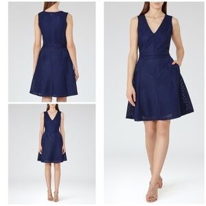 EUC Reiss Topaz Royal Blue Textured Fit And Flare Perforated V Neck Dress 4 S‌‌